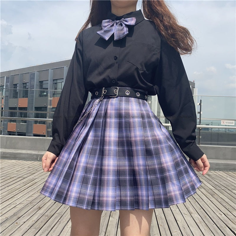 [Romantic Athanasy] Long/Short Sleeve Stundent Lady Girls High Waist Plaid Pleated Skirts JK School Uniform Anime Clothes Black