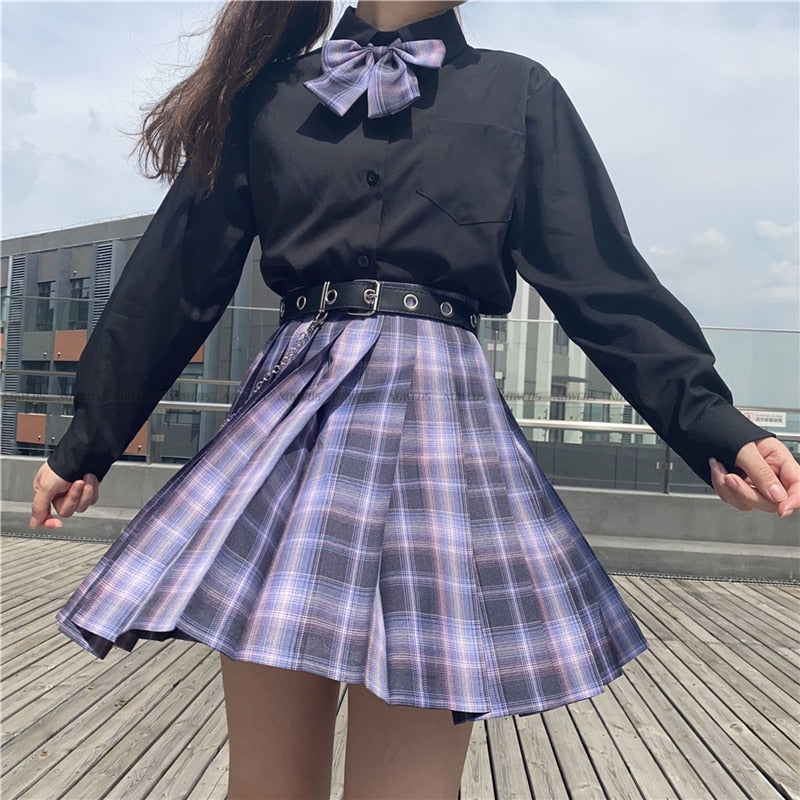 [Romantic Athanasy] Long/Short Sleeve Stundent Lady Girls High Waist Plaid Pleated Skirts JK School Uniform Anime Clothes Black
