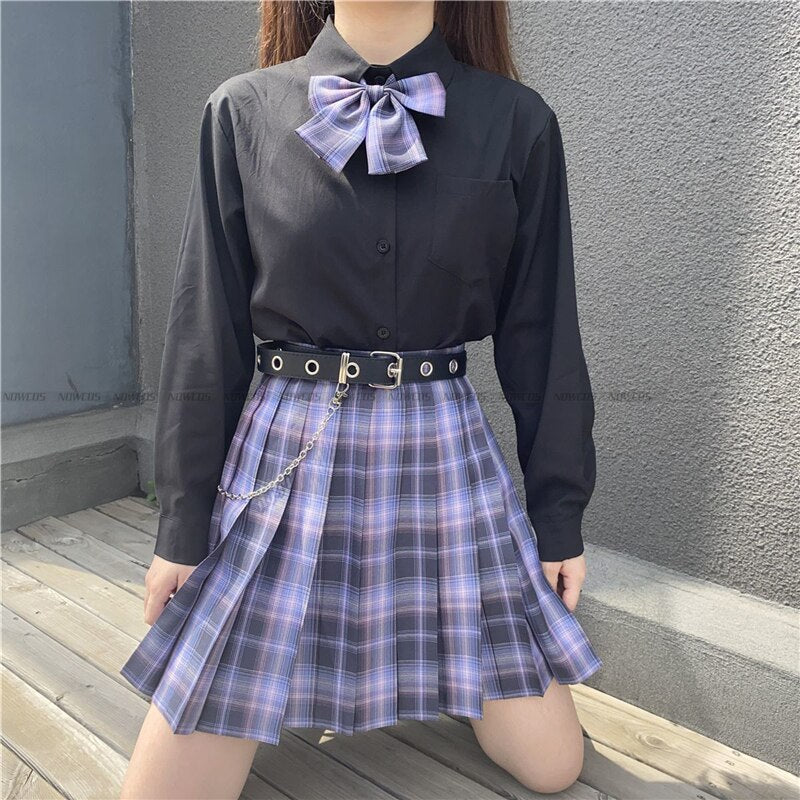 [Romantic Athanasy] Long/Short Sleeve Stundent Lady Girls High Waist Plaid Pleated Skirts JK School Uniform Anime Clothes Black