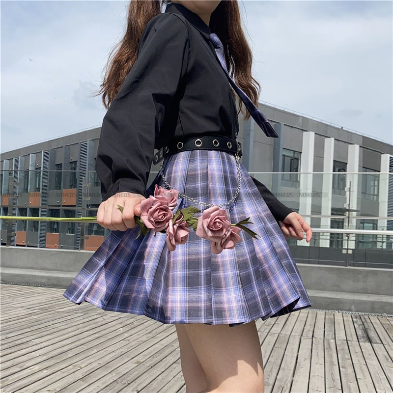 [Romantic Athanasy] Long/Short Sleeve Stundent Lady Girls High Waist Plaid Pleated Skirts JK School Uniform Anime Clothes Black