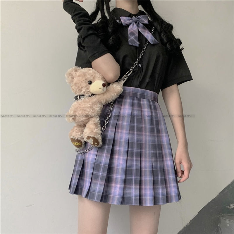 [Romantic Athanasy] Long/Short Sleeve Stundent Lady Girls High Waist Plaid Pleated Skirts JK School Uniform Anime Clothes Black