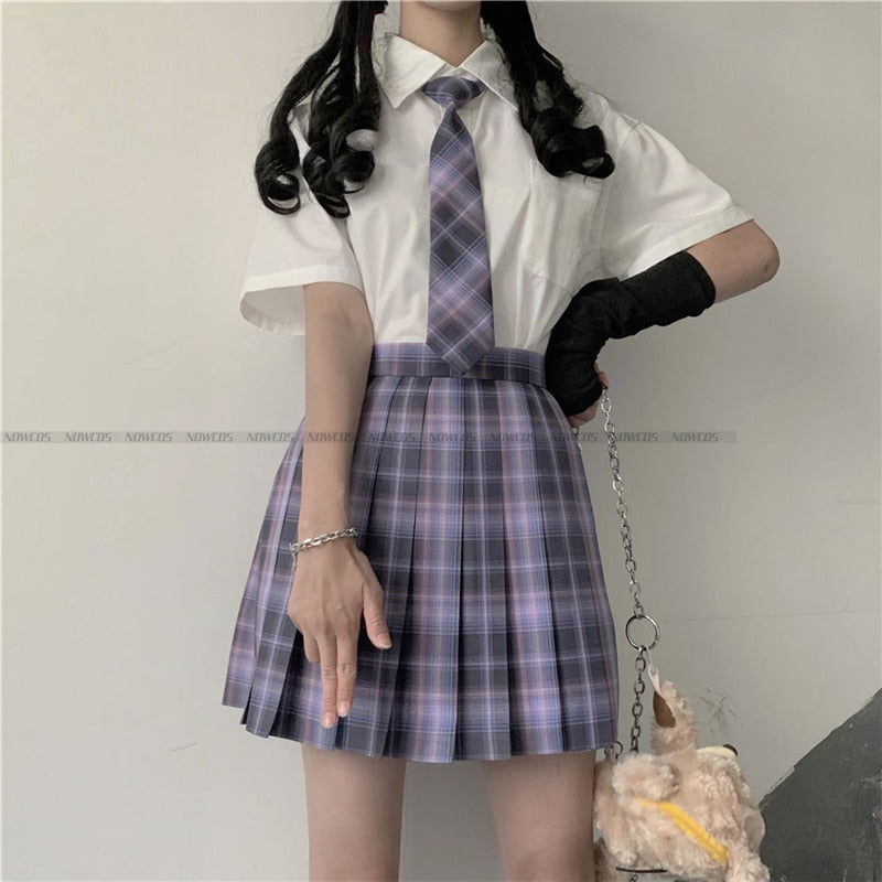 [Romantic Athanasy] Long/Short Sleeve Stundent Lady Girls High Waist Plaid Pleated Skirts JK School Uniform Anime Clothes Black