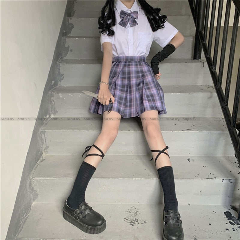 [Romantic Athanasy] Long/Short Sleeve Stundent Lady Girls High Waist Plaid Pleated Skirts JK School Uniform Anime Clothes Black