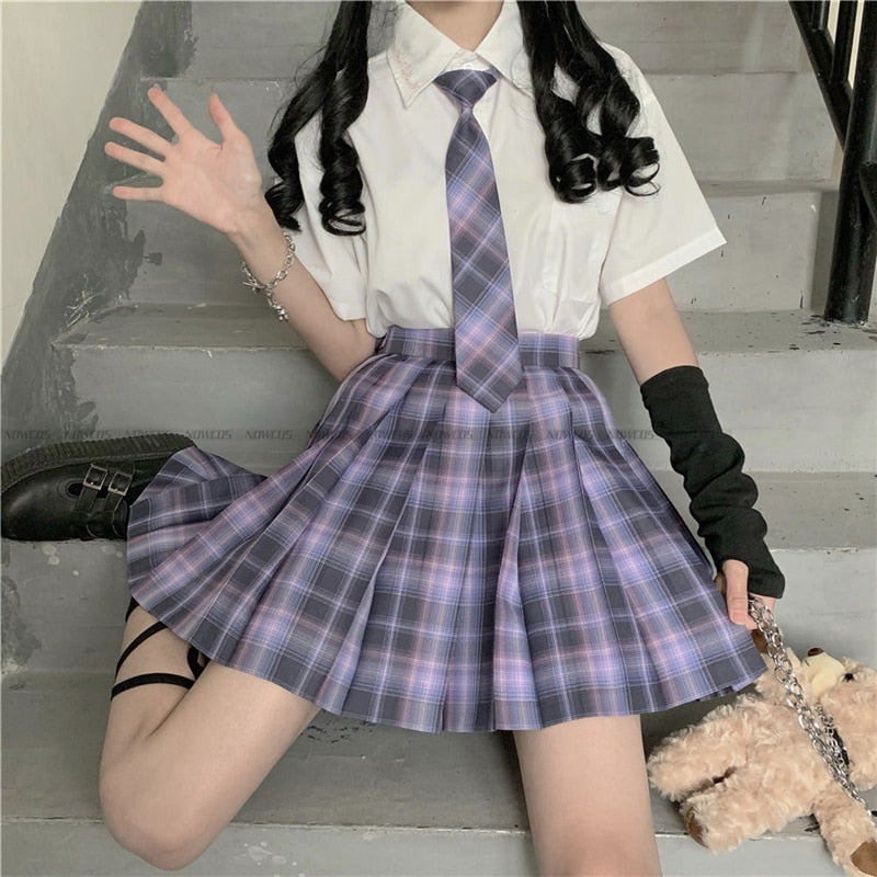 [Romantic Athanasy] Long/Short Sleeve Stundent Lady Girls High Waist Plaid Pleated Skirts JK School Uniform Anime Clothes Black