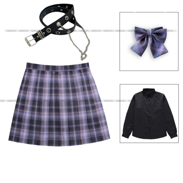 [Romantic Athanasy] Long/Short Sleeve Stundent Lady Girls High Waist Plaid Pleated Skirts JK School Uniform Anime Clothes Black