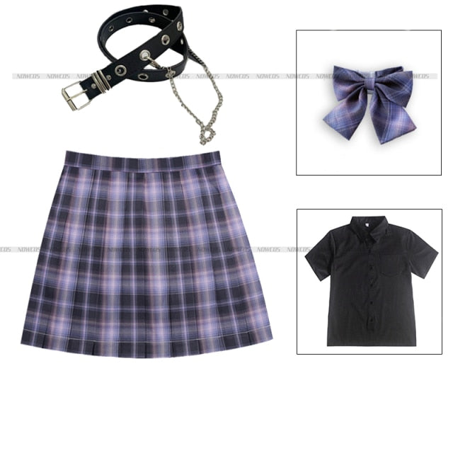 [Romantic Athanasy] Long/Short Sleeve Stundent Lady Girls High Waist Plaid Pleated Skirts JK School Uniform Anime Clothes Black