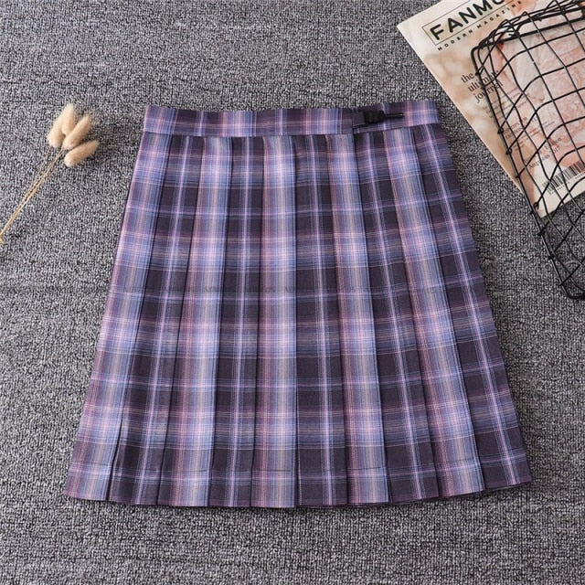 [Romantic Athanasy] Long/Short Sleeve Stundent Lady Girls High Waist Plaid Pleated Skirts JK School Uniform Anime Clothes Black