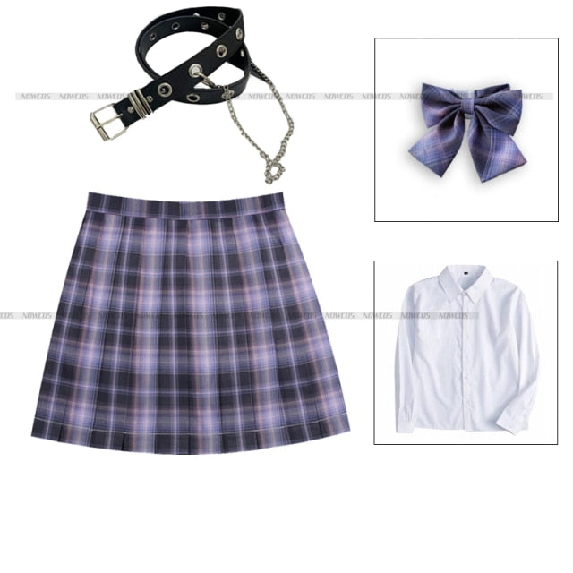 [Romantic Athanasy] Long/Short Sleeve Stundent Lady Girls High Waist Plaid Pleated Skirts JK School Uniform Anime Clothes Black
