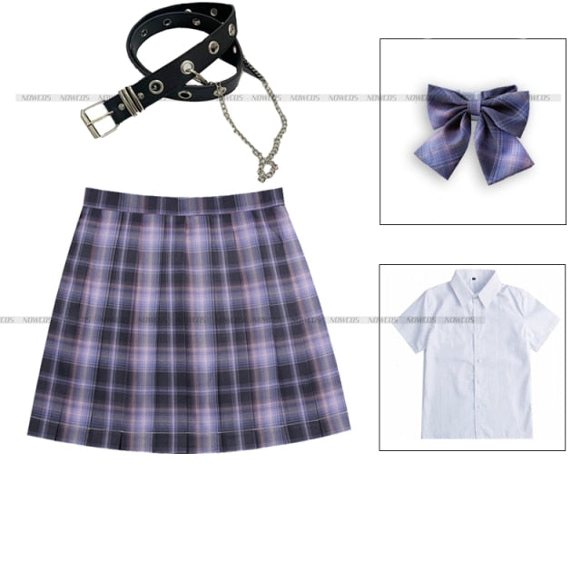 [Romantic Athanasy] Long/Short Sleeve Stundent Lady Girls High Waist Plaid Pleated Skirts JK School Uniform Anime Clothes Black