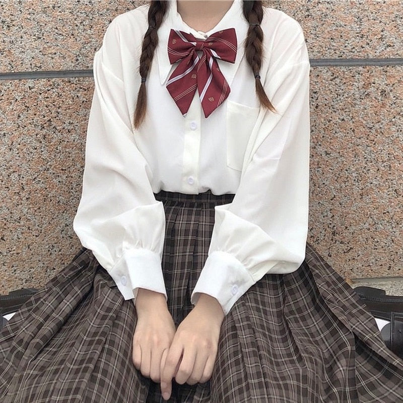 HOUZHOU White Shirt Teen Autumn Soft Girls Japanese Preppy Style Kawaii Jk Uniform Harajuku Long Sleeve Blouse Lolita Women