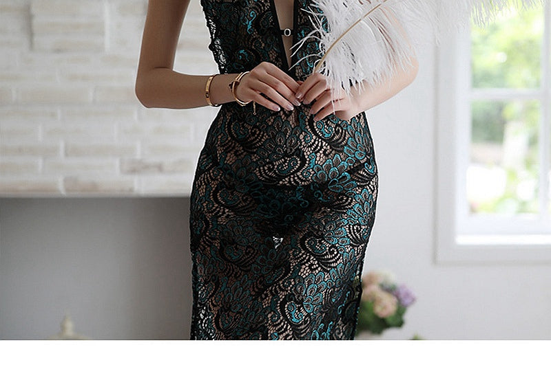 Green Vintage Nightgowns Sexy Womens Lace Hollow Slit Nightdress Summer Chinese Cheongsam Backless Sleepwear Sex Lingerie