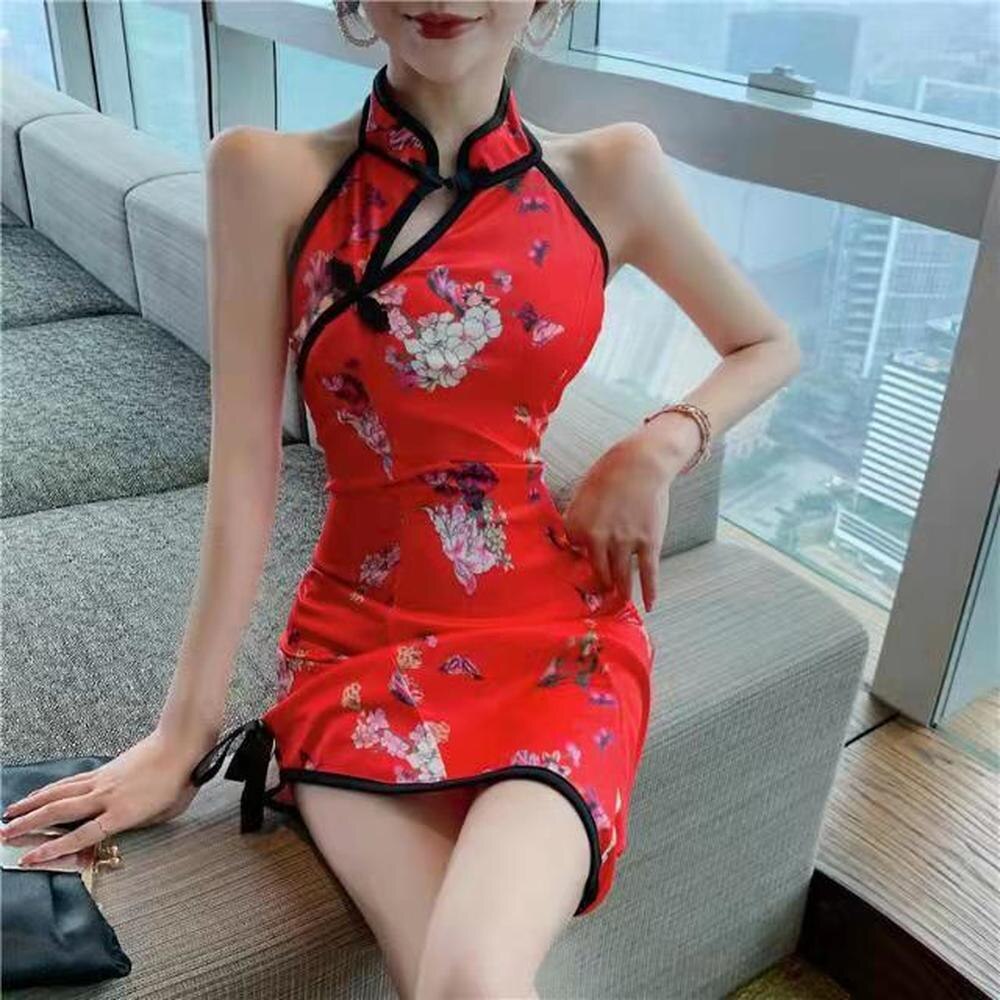 Women Retro Red Cheongsam Nightclub Sexy Bodycon Mini Dress Fashion Elegant Oriental Lady Split Slim Chinese Style Qipao Dresses