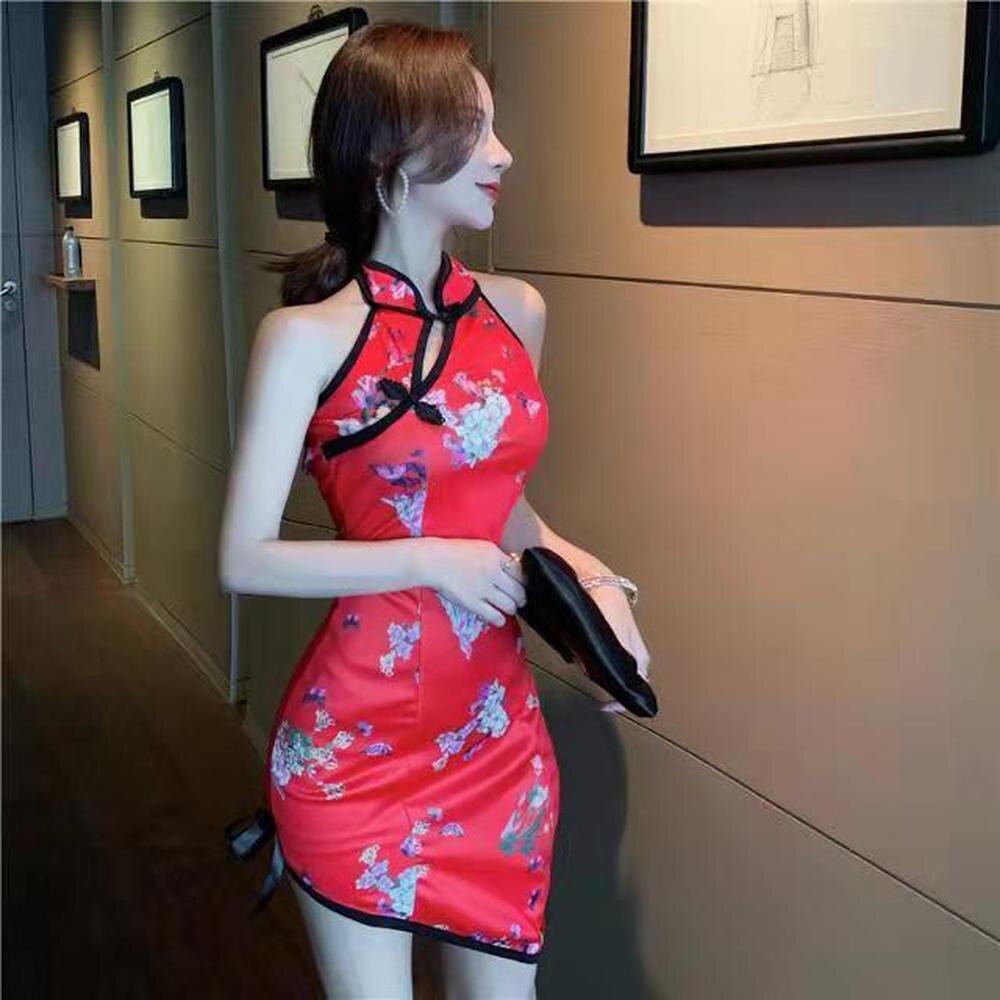 Women Retro Red Cheongsam Nightclub Sexy Bodycon Mini Dress Fashion Elegant Oriental Lady Split Slim Chinese Style Qipao Dresses