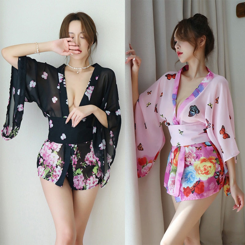 Japanese Kimono Sexy Cosplay Outfit For Women Traditional Style Robe Yukata Costumes Pajamas Soft Silk Belt Lingerie Porno 1305