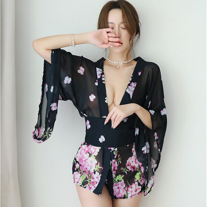 Japanese Kimono Sexy Cosplay Outfit For Women Traditional Style Robe Yukata Costumes Pajamas Soft Silk Belt Lingerie Porno 1305