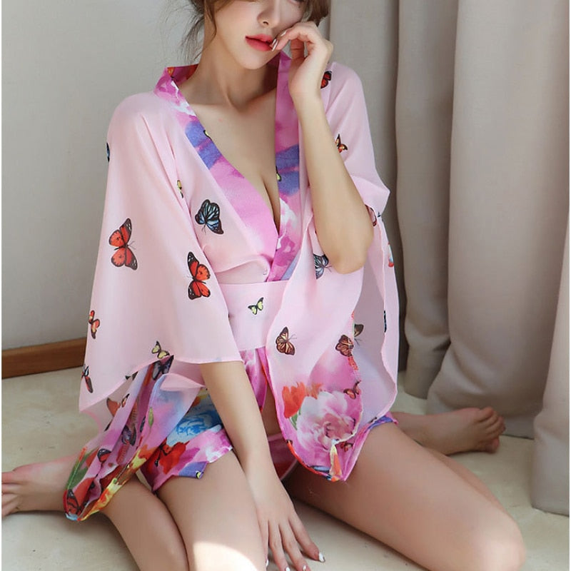 Japanese Kimono Sexy Cosplay Outfit For Women Traditional Style Robe Yukata Costumes Pajamas Soft Silk Belt Lingerie Porno 1305