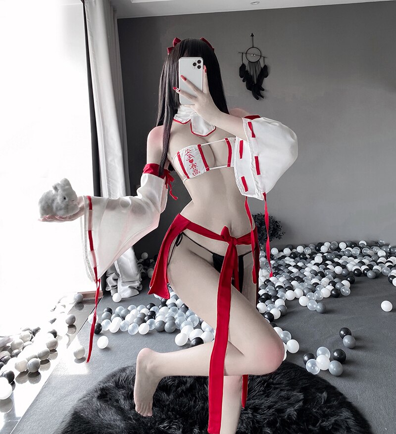 Japanese Kimono Dress Witch Cosplay Costumes Anime Maid Uniform Cute Lolita Girls Sexy Heart Bikini Lingerie Set
