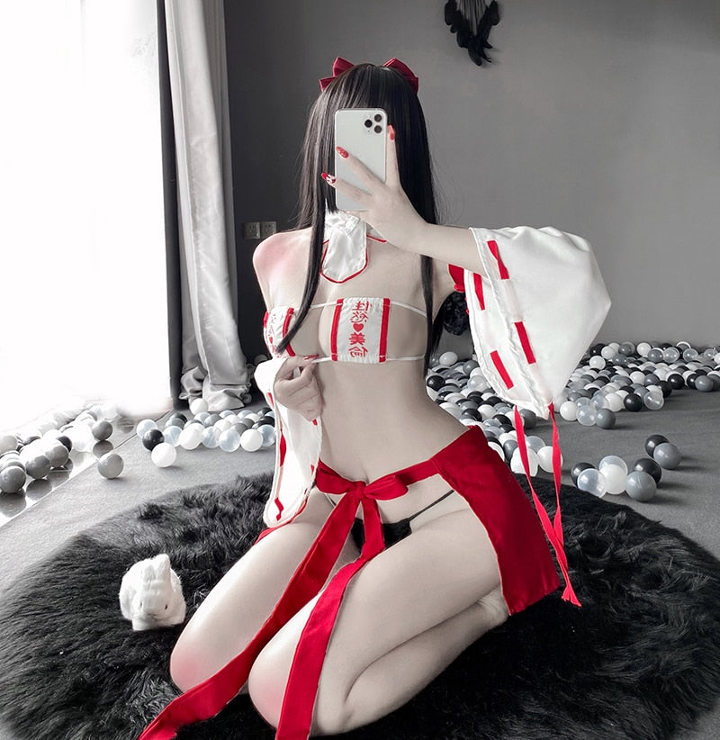 Japanese Kimono Dress Witch Cosplay Costumes Anime Maid Uniform Cute Lolita Girls Sexy Heart Bikini Lingerie Set