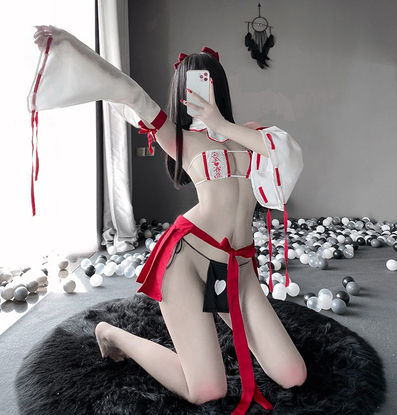 Japanese Kimono Dress Witch Cosplay Costumes Anime Maid Uniform Cute Lolita Girls Sexy Heart Bikini Lingerie Set
