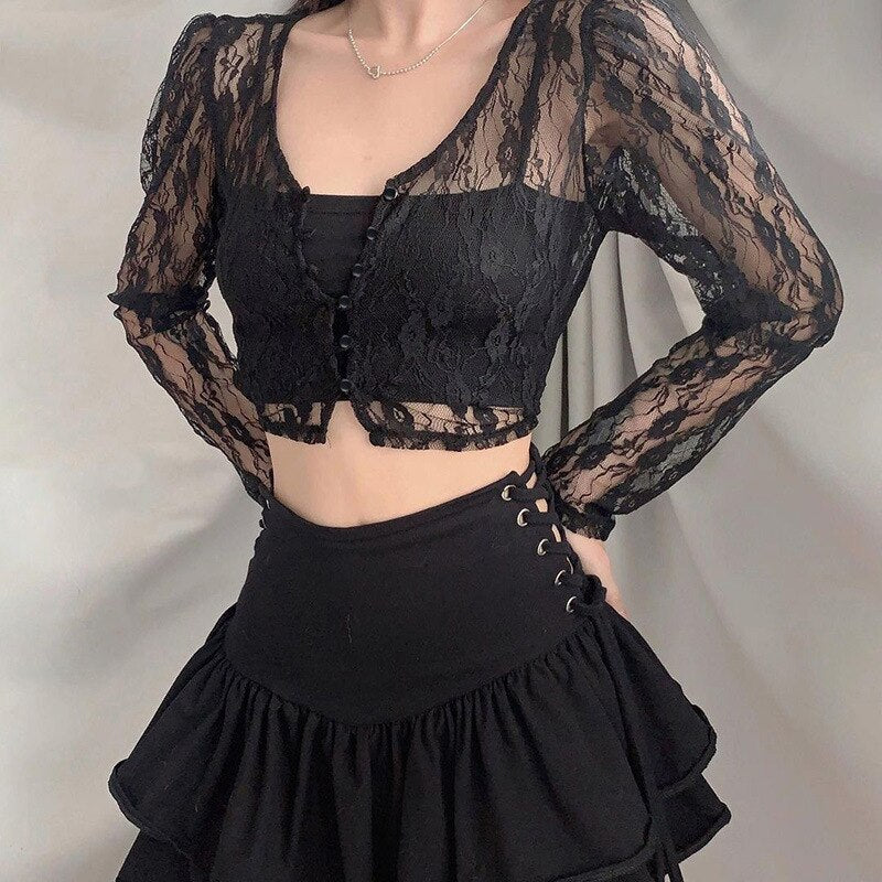 Women Bustier Lace Tshirts V Neck Long Sleeve Transparent Office Lady Top Sexy Elegant High Street T-shirt