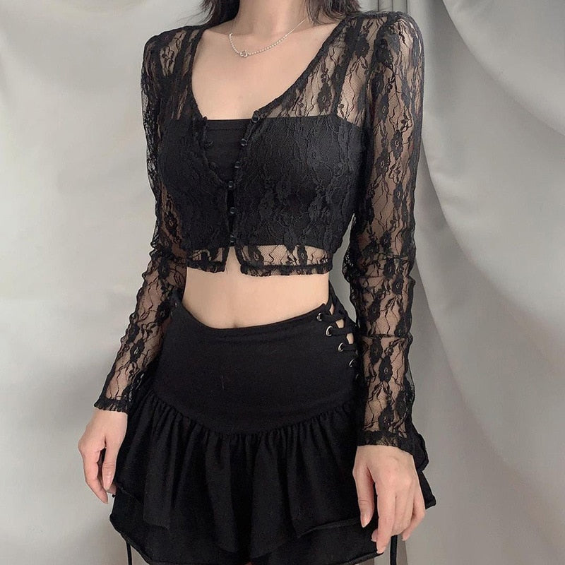 Women Bustier Lace Tshirts V Neck Long Sleeve Transparent Office Lady Top Sexy Elegant High Street T-shirt