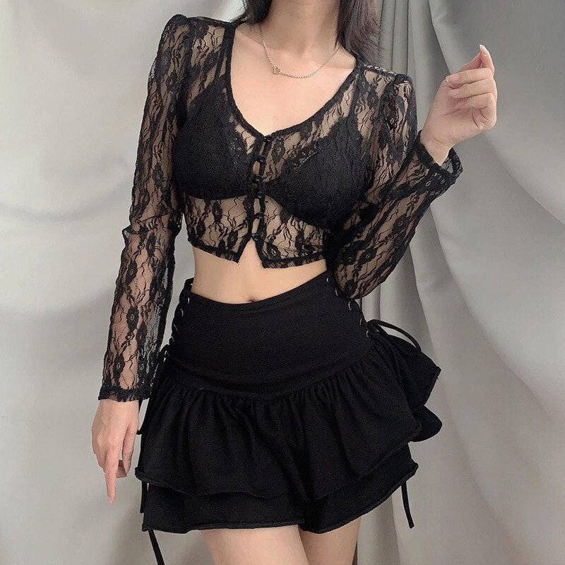 Women Bustier Lace Tshirts V Neck Long Sleeve Transparent Office Lady Top Sexy Elegant High Street T-shirt