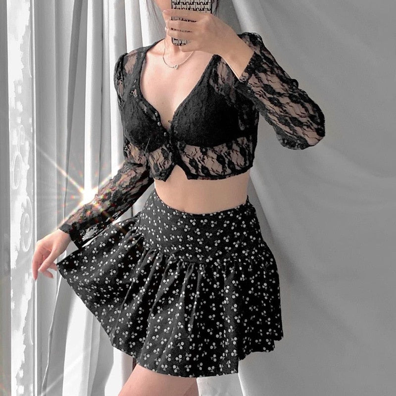 Women Bustier Lace Tshirts V Neck Long Sleeve Transparent Office Lady Top Sexy Elegant High Street T-shirt