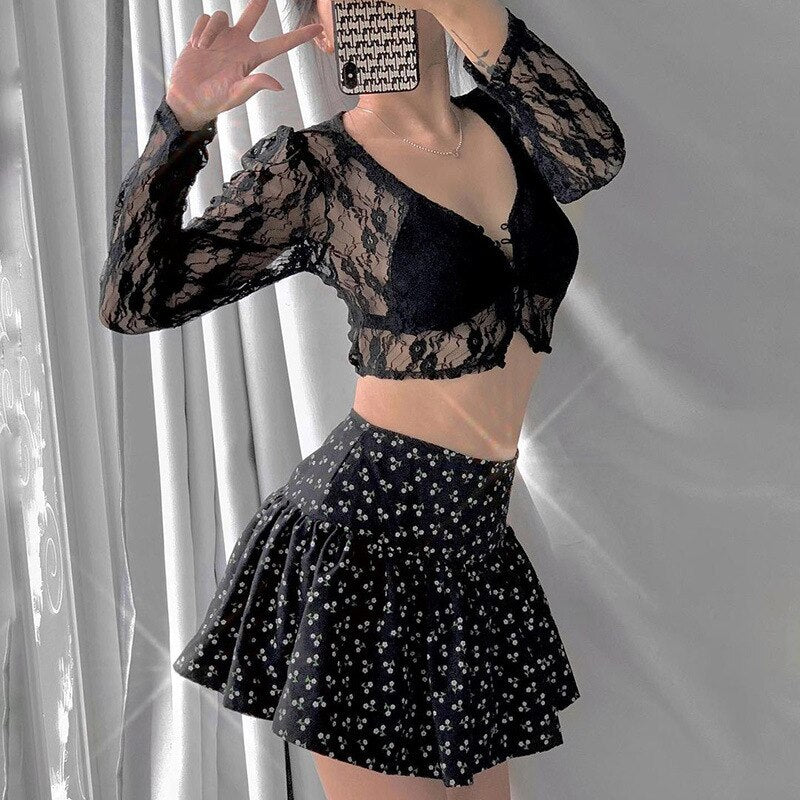 Women Bustier Lace Tshirts V Neck Long Sleeve Transparent Office Lady Top Sexy Elegant High Street T-shirt