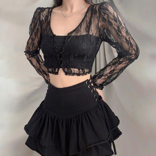 Women Bustier Lace Tshirts V Neck Long Sleeve Transparent Office Lady Top Sexy Elegant High Street T-shirt