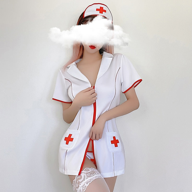 Sexy Lingerie Nurse 3Pcs Double Zipper Cosplay Costume Big Breasts Butt Outfit With Thong Nurse Uniform Temptation Fancy Dress