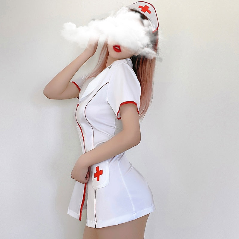 Sexy Lingerie Nurse 3Pcs Double Zipper Cosplay Costume Big Breasts Butt Outfit With Thong Nurse Uniform Temptation Fancy Dress