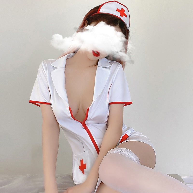 Sexy Lingerie Nurse 3Pcs Double Zipper Cosplay Costume Big Breasts Butt Outfit With Thong Nurse Uniform Temptation Fancy Dress