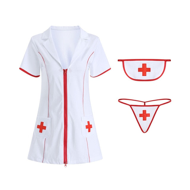 Sexy Lingerie Nurse 3Pcs Double Zipper Cosplay Costume Big Breasts Butt Outfit With Thong Nurse Uniform Temptation Fancy Dress