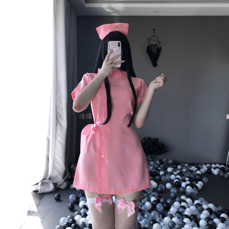 Japanese Cute Sweet Nurse Cosplay Uniform Sexy Pink Split Dress Women Erotic Nurse Roleplay Costume Doctor Temptation Lingerie
