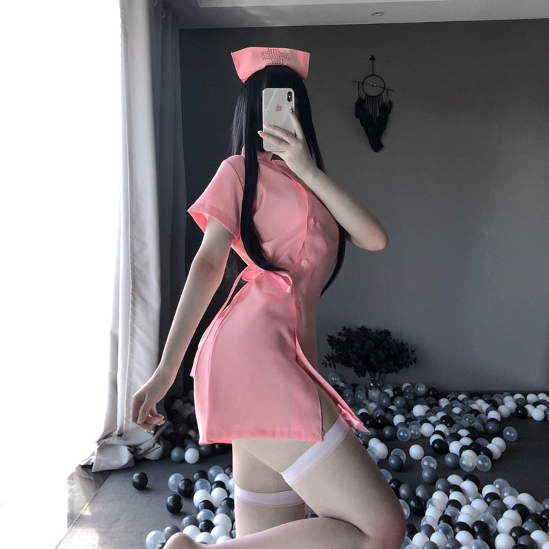 Japanese Cute Sweet Nurse Cosplay Uniform Sexy Pink Split Dress Women Erotic Nurse Roleplay Costume Doctor Temptation Lingerie