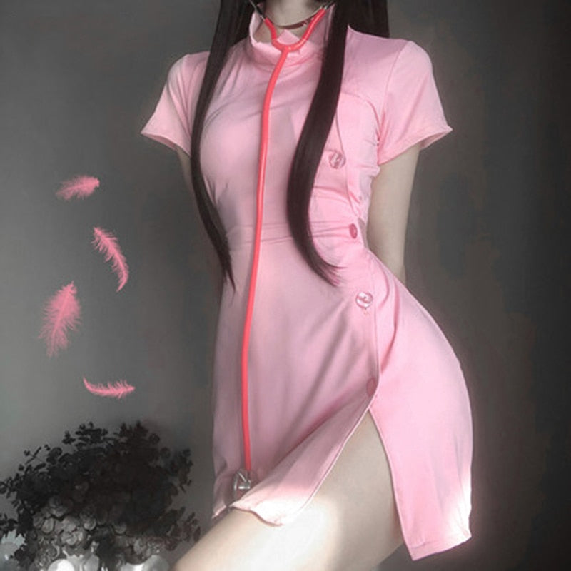 Japanese Cute Sweet Nurse Cosplay Uniform Sexy Pink Split Dress Women Erotic Nurse Roleplay Costume Doctor Temptation Lingerie