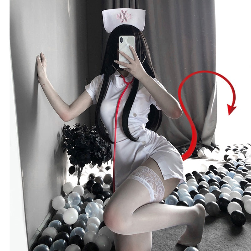 Japanese Cute Sweet Nurse Cosplay Uniform Sexy Pink Split Dress Women Erotic Nurse Roleplay Costume Doctor Temptation Lingerie