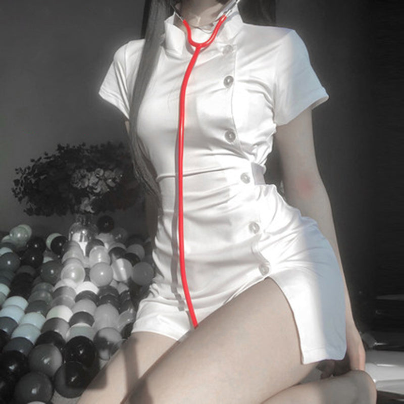 Japanese Cute Sweet Nurse Cosplay Uniform Sexy Pink Split Dress Women Erotic Nurse Roleplay Costume Doctor Temptation Lingerie