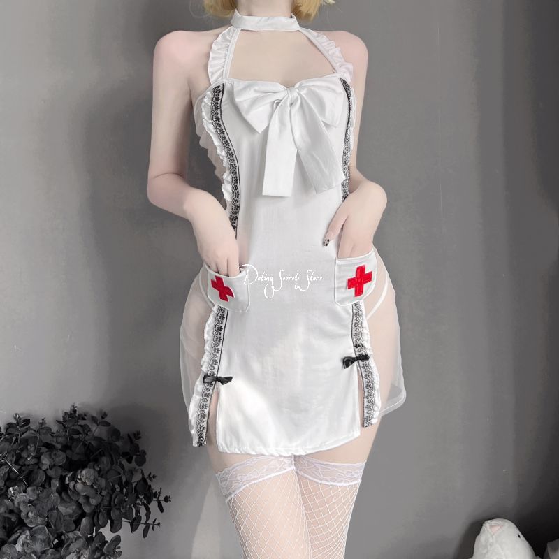 Split Bow Women Sexy Lingerie Nurse Uniform Strap V Neck Halter Embroidery Lovely Cosplay Costumes Perspective Tempatation New