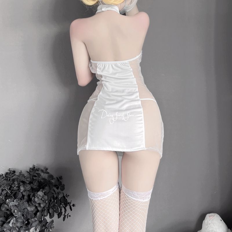 Split Bow Women Sexy Lingerie Nurse Uniform Strap V Neck Halter Embroidery Lovely Cosplay Costumes Perspective Tempatation New