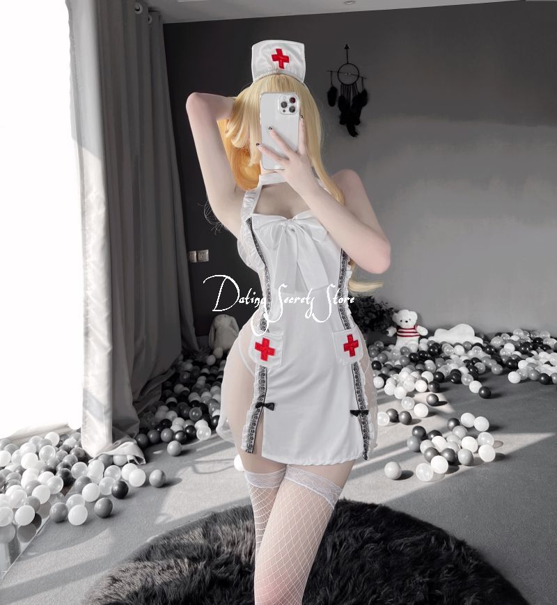 Split Bow Women Sexy Lingerie Nurse Uniform Strap V Neck Halter Embroidery Lovely Cosplay Costumes Perspective Tempatation New