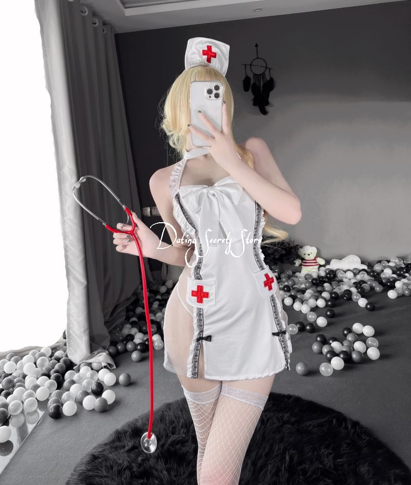 Split Bow Women Sexy Lingerie Nurse Uniform Strap V Neck Halter Embroidery Lovely Cosplay Costumes Perspective Tempatation New