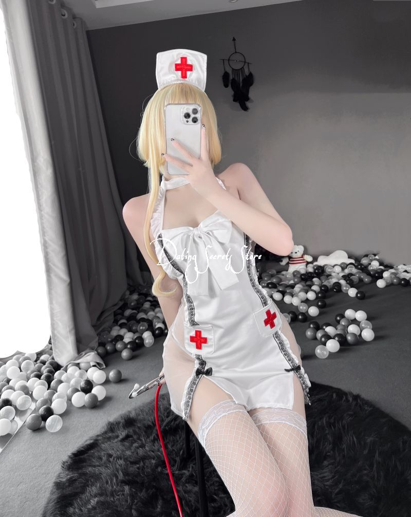 Split Bow Women Sexy Lingerie Nurse Uniform Strap V Neck Halter Embroidery Lovely Cosplay Costumes Perspective Tempatation New