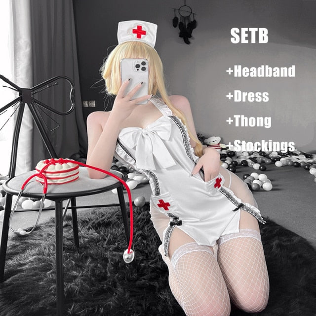 Split Bow Women Sexy Lingerie Nurse Uniform Strap V Neck Halter Embroidery Lovely Cosplay Costumes Perspective Tempatation New
