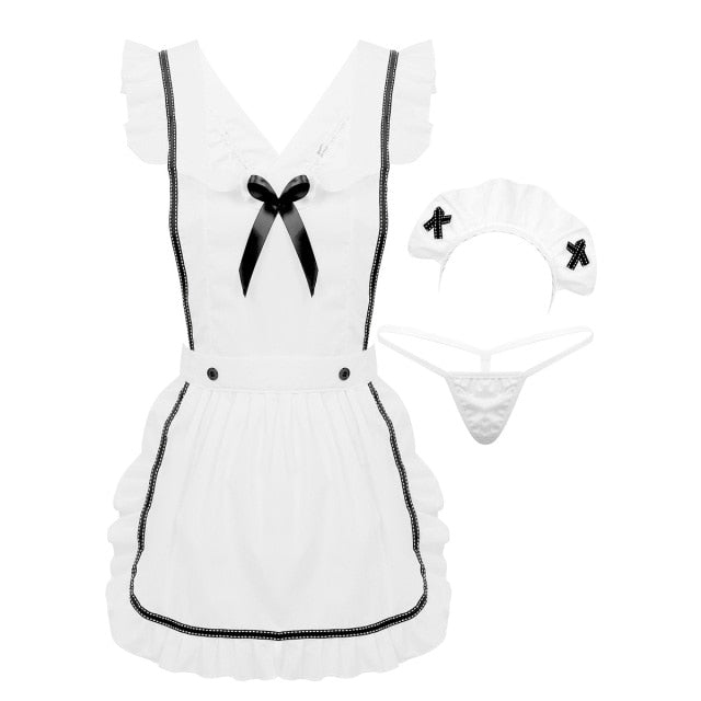 Womens Femme Lingerie Sexy hot Parties Maid Dress Up Retro Apron Kitchen Cooking Cleaning Dress Cosplay Sexy Costume with Thongs