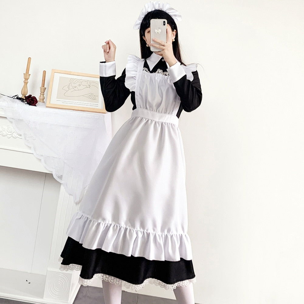 Women Cute Maid Dress Maid Outfit Apron Dress Cross Dressing Housekeeper Dress Japanese Uniforms Halloween Cosplay Costume