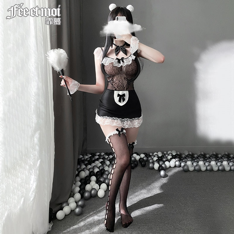 Sexy Lingerie Exotic Coffee Maid Cosplay Costumes Slutty Clothes Womens Sex Suit See Through Body Stocking Fishnet Dress Servant