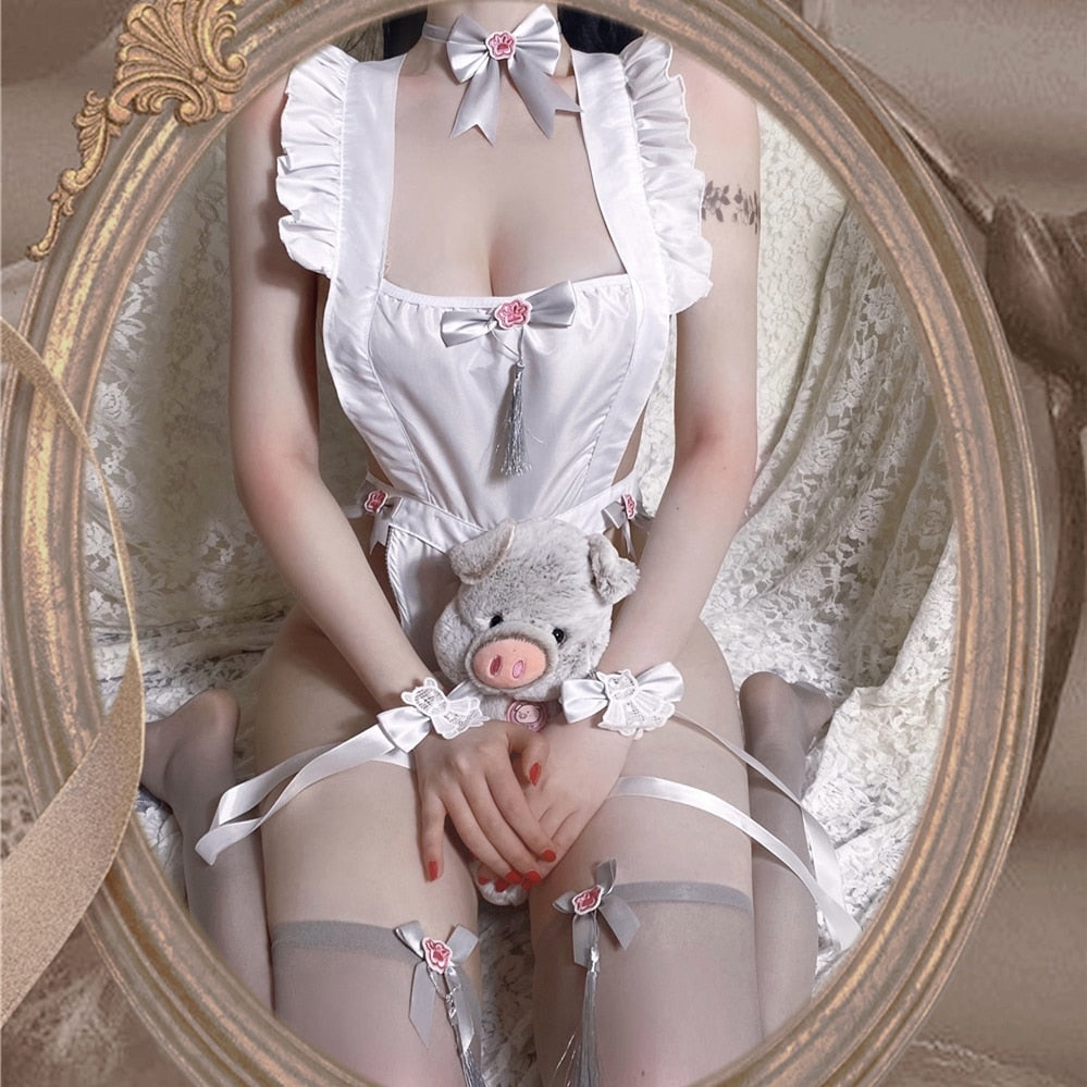 Japanese Passion Suit Kawaii Maid Cosplay Costumes White Soft Teddy for Women Sexy Lingerie Coffee Bar Anime Waitress Bodysuit