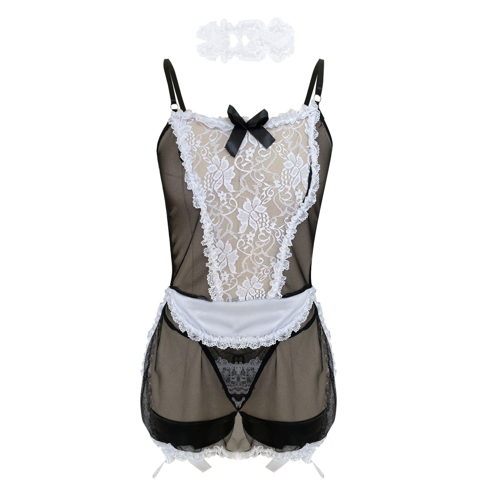 Women Sexy Lingerie Maid Babydoll Role Play Splicing Backless Camisole Lingerie+ lace neck ring Housemaid Porno Apron Dress