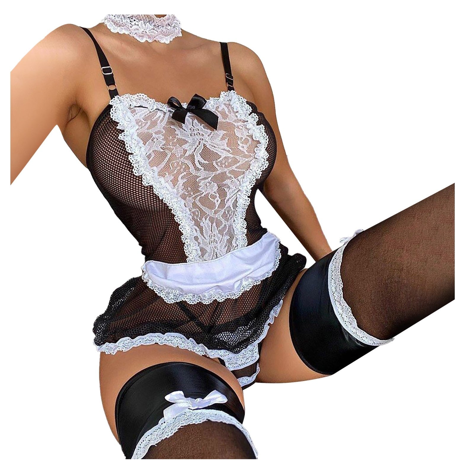Women Sexy Lingerie Maid Babydoll Role Play Splicing Backless Camisole Lingerie+ lace neck ring Housemaid Porno Apron Dress